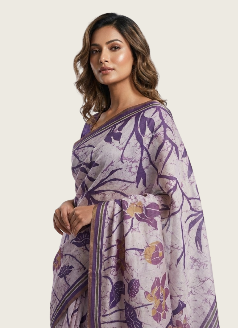 Dhanwari Silk Saree with Floral Print & Zari Border + Contrast Blouse