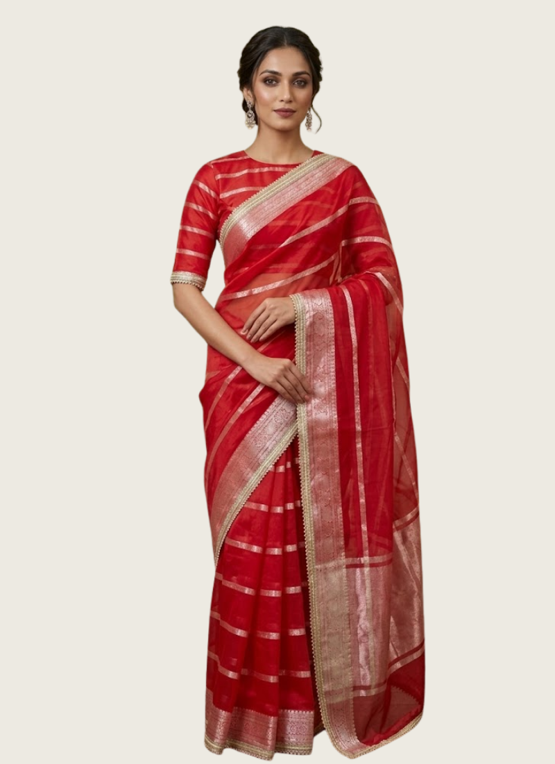 Red Banarasi Organza Saree with Blouse Piece, shop Indian saree online Australia