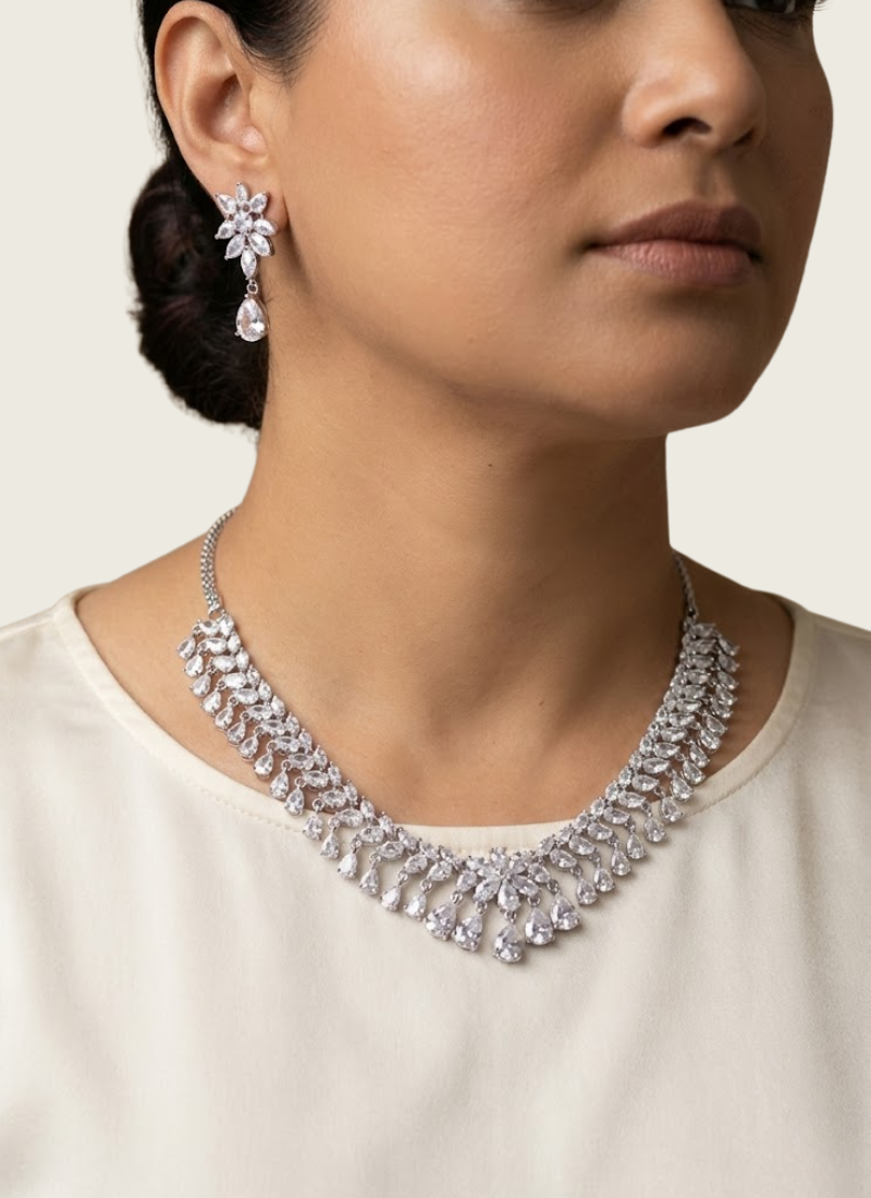 Diamond Cut Necklace & Earring Set with Premium Stone Setting