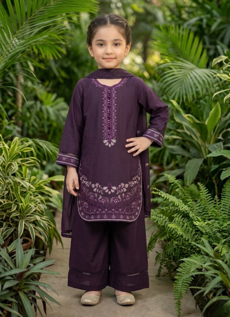 Girl’s 3‑Piece Embroidered Cotton Midi Shirt Set