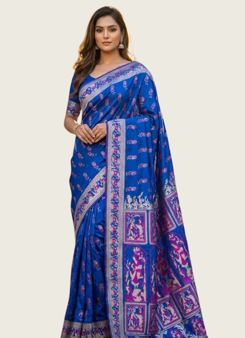 Royal Blue Sharnachura Silk Saree – Zari Work with Blouse Piece | Gleemium fashion