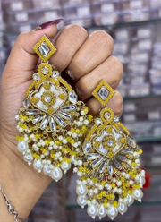 Yellow Kundan Earrings with Moti Work 4