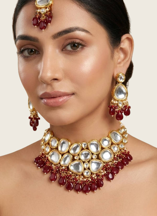 Kundan Necklace Set with Maroon Stone – Earrings & Tikka | Gleemium fashion