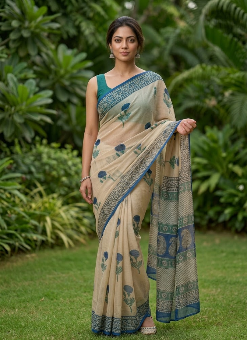 Bottle Green Vegetable Chiffon Saree – Floral Print with Blouse Australia