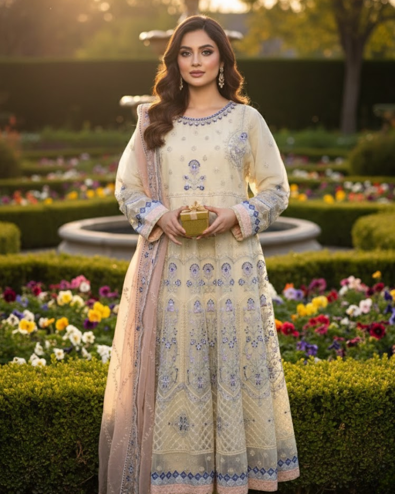 Beige Organza Pakistani Anarkali Dress – Pearl & Stone Embroidery