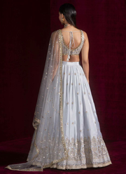 Light Grey/Silver Satin Silk Lehenga Choli with Sequins, Dori & Zari Embroidery + Net Dupatta 2