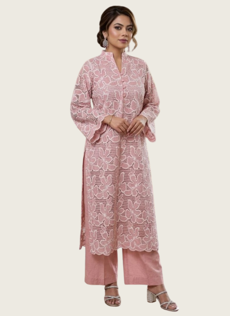 Baby Pink Silk Chikankari Co‑Ord Set with Divider Bottom, Indian woman online shop in Australia