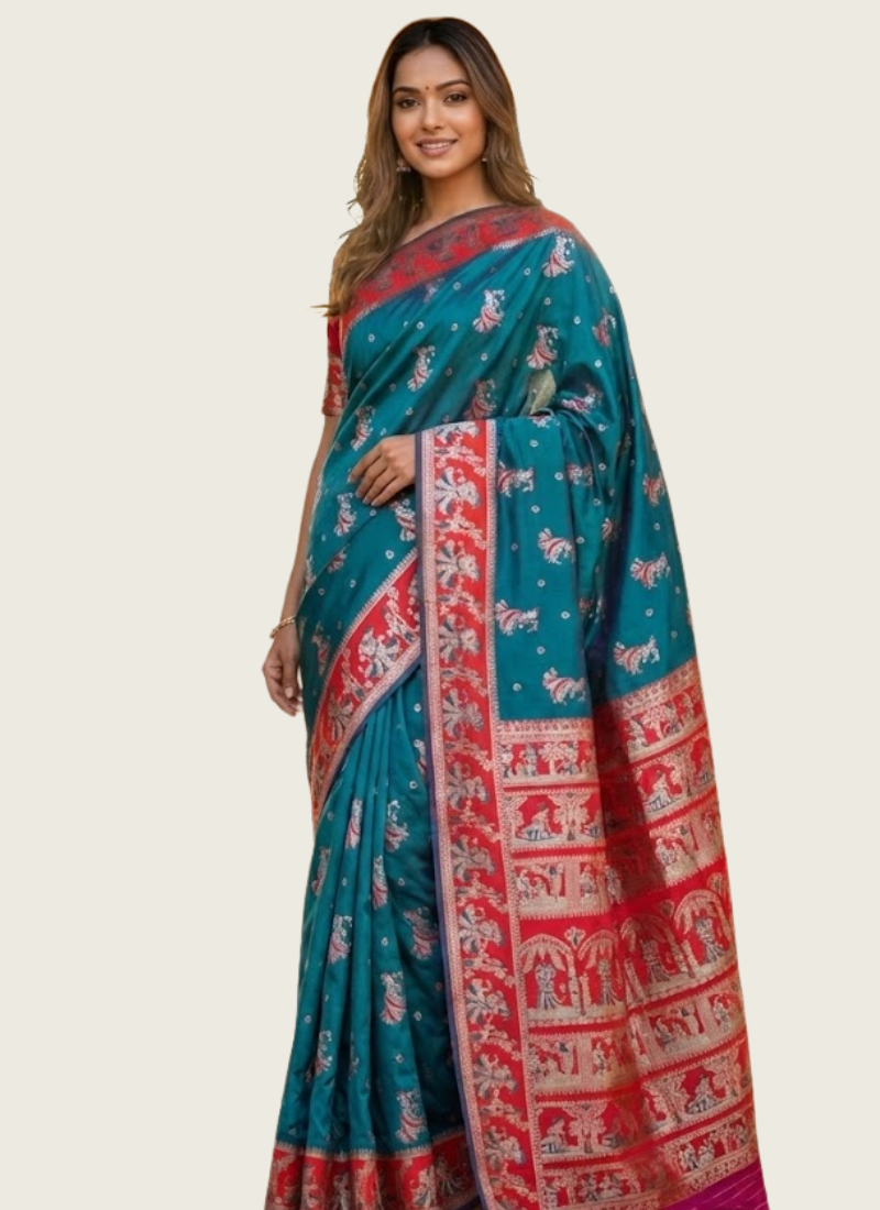 Sharnachura Silk Saree – Sea Green Zari with Blouse Piece | gleemium fashion