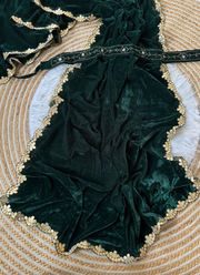 Forest Green Silk Saree in Velvet with Sequins Butti Embroidery, Cutwork & Belt + Blouse 5