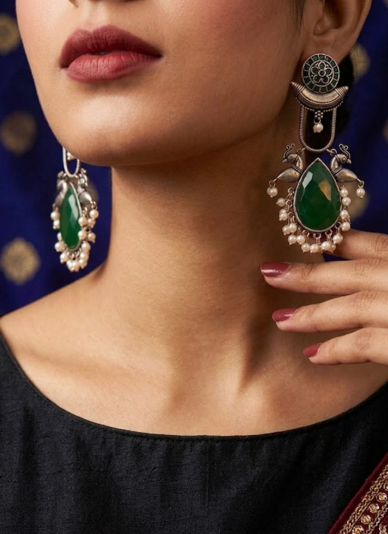 Green German Silver Earrings, Indian jewellery online Perth