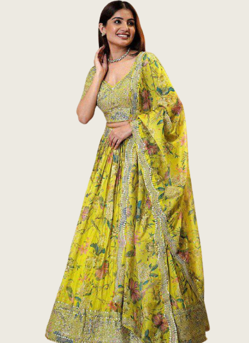 Yellow Organza Lehenga Choli with Zari & Sequins Embroidery + Lace Dupatta Australia