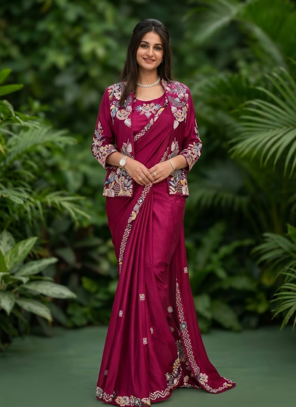 Party Jacket Saree – Heavy Crepe Satin Embroidery, Bollywood Designer Saree Online Australia