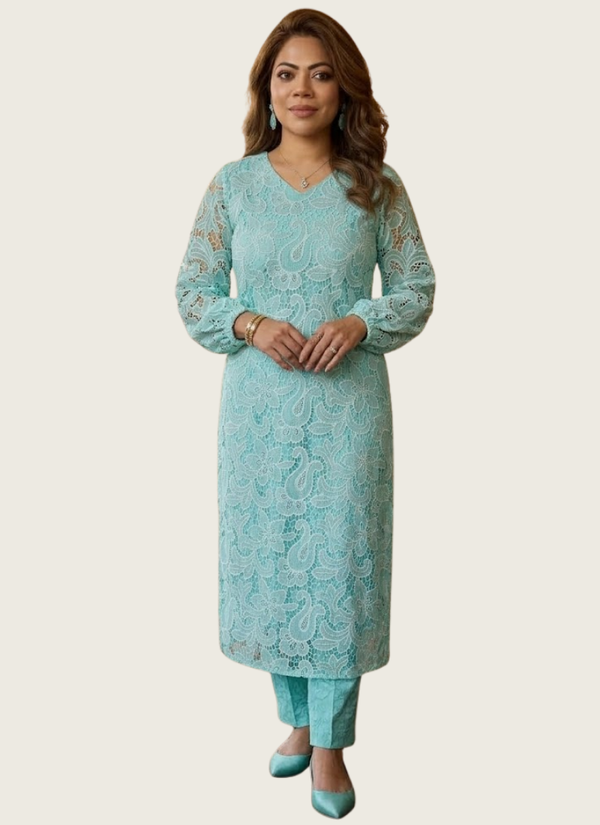 Dark Pest Silk Chikankari Co‑Ord Set with Divider Bottom, Indian clothing online Perth