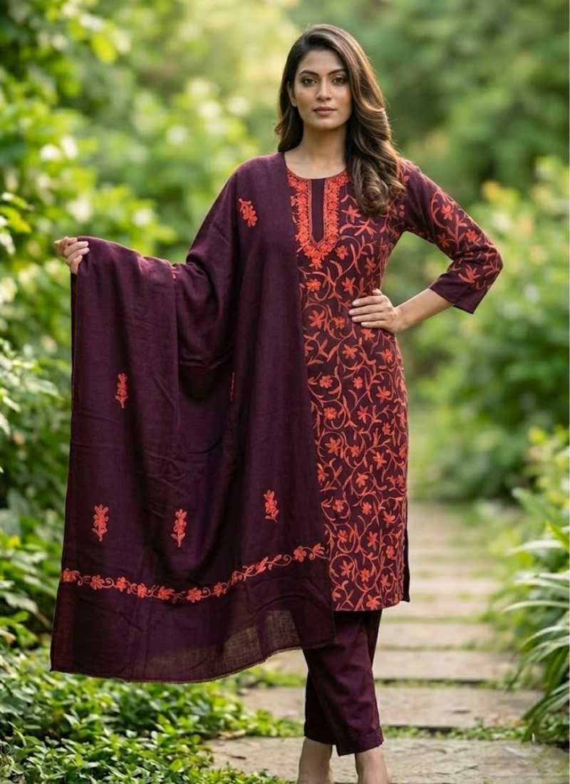Brown Pashmina Suit – Thread Embroidery Australia