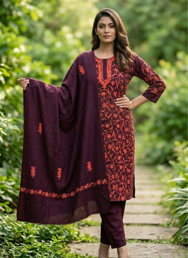 Brown Pashmina Suit – Thread Embroidery Australia
