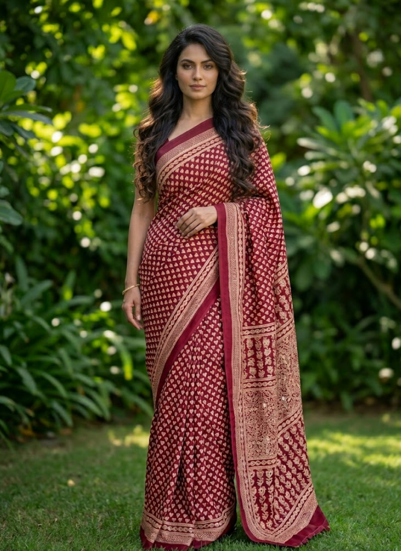 Ajrak Printed Silk Saree – Digital Print with Real Mirror Handwork & Satin Blouse Australia