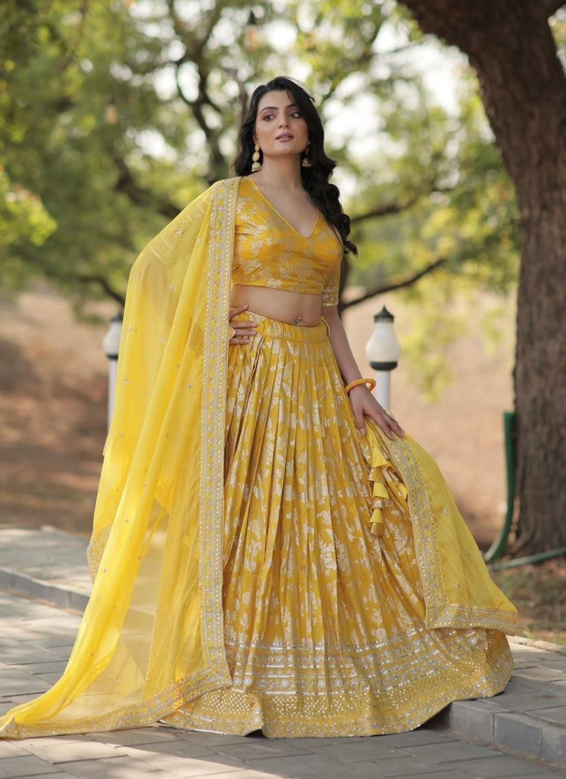 Viscose Jacquard Lehenga Choli with Sequins Embroidery + Russian Silk Dupatta