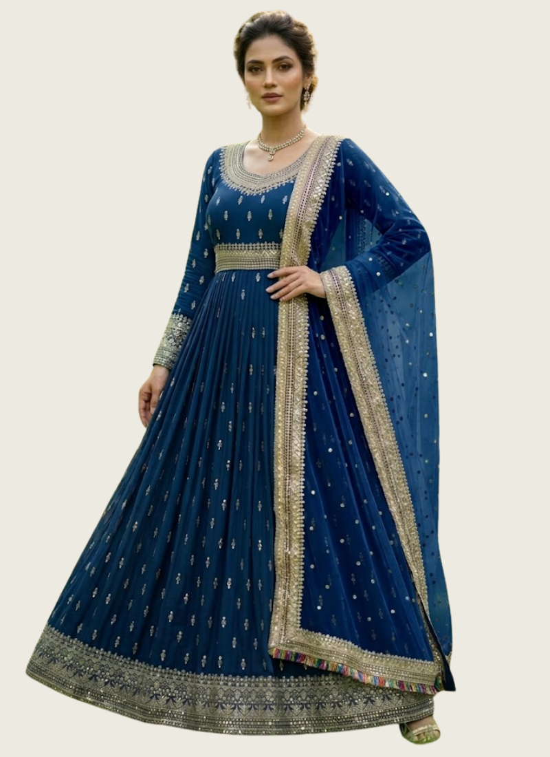 Heavy Chinon Silk Gown Set with Butterfly Net Dupatta