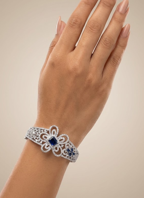 Diamond cut stone bracelet for women with white and black accents, bridal jewelry in silver finish.