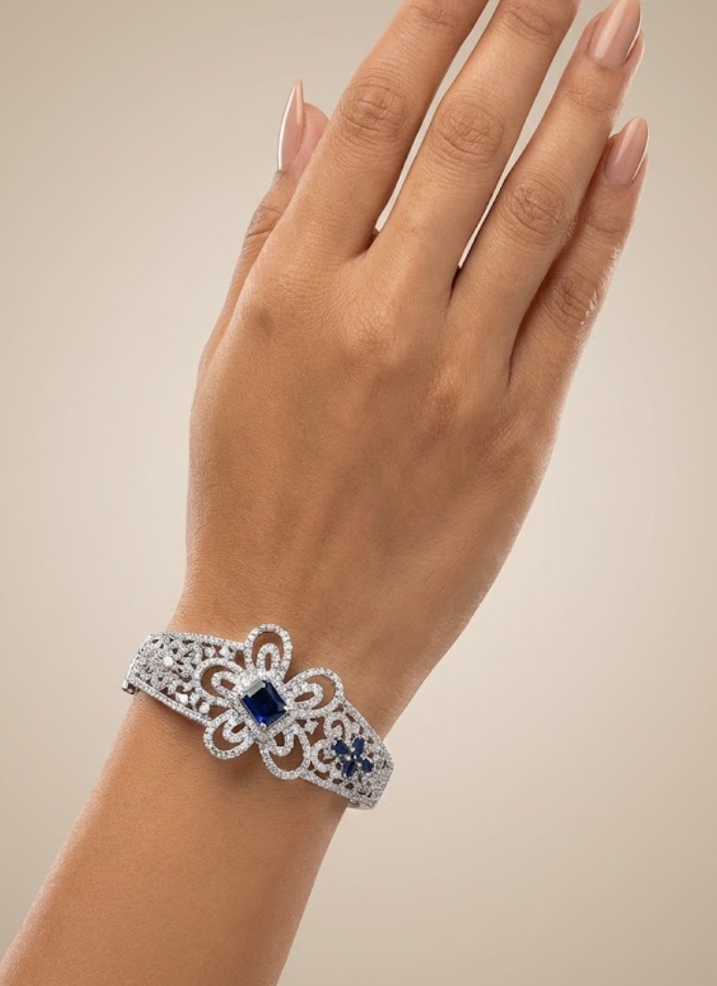 Diamond cut stone bracelet for women with white and black accents, bridal jewelry in silver finish.
