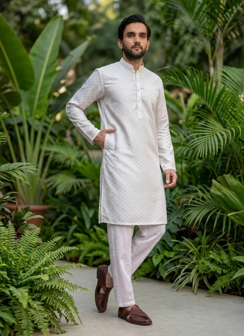 Off-White Buti Jacquard Kurta Pajama for Men Australia