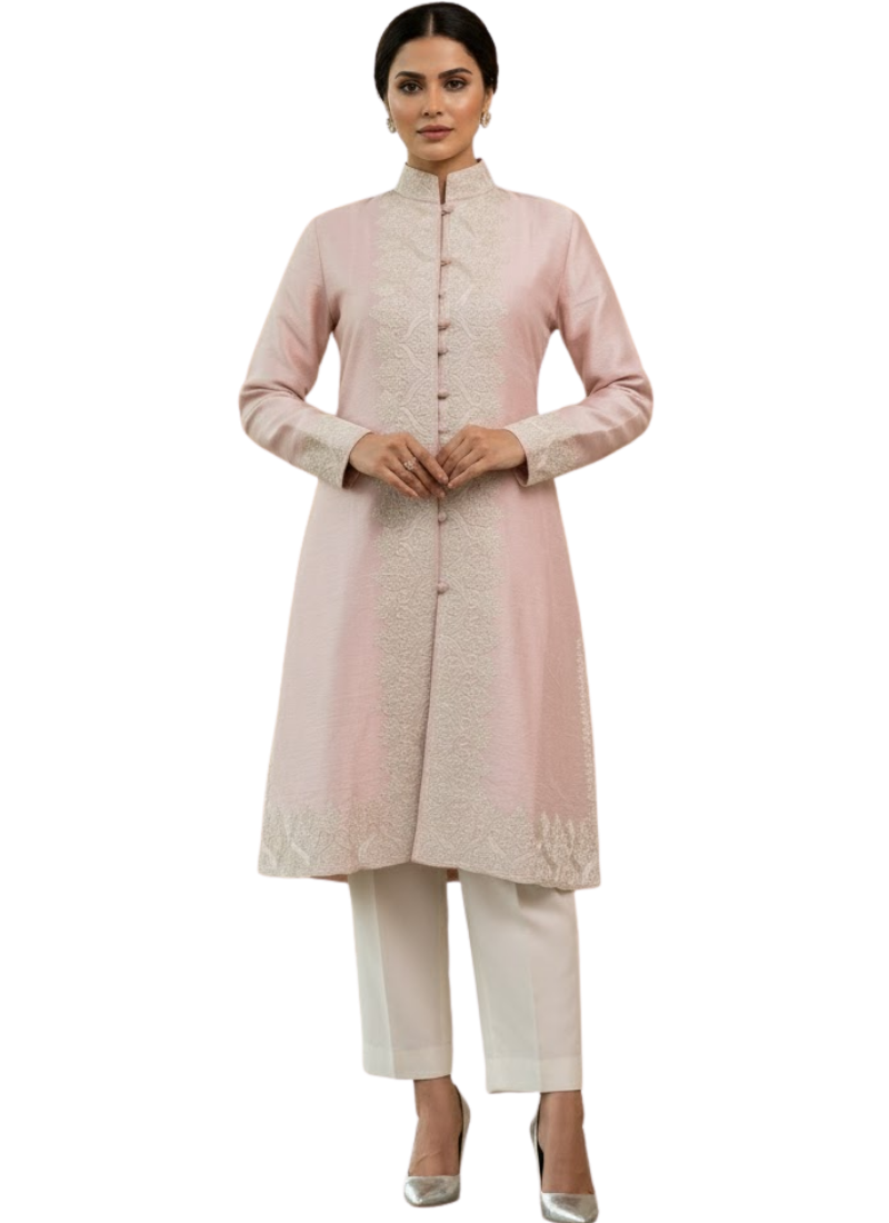 Light Pink Winter Kashmiri Long Coat for Women – Silk with Embroidery