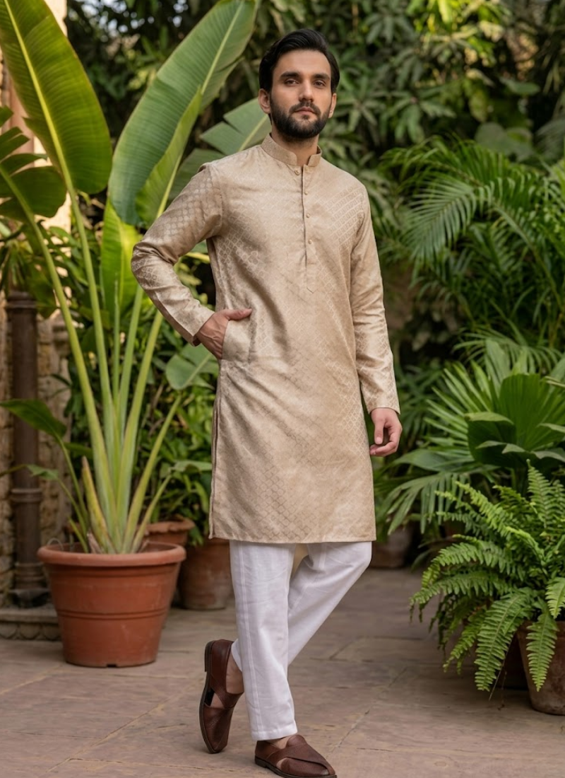 Beige Trellis Jacquard Kurta Pajama for Men Australia