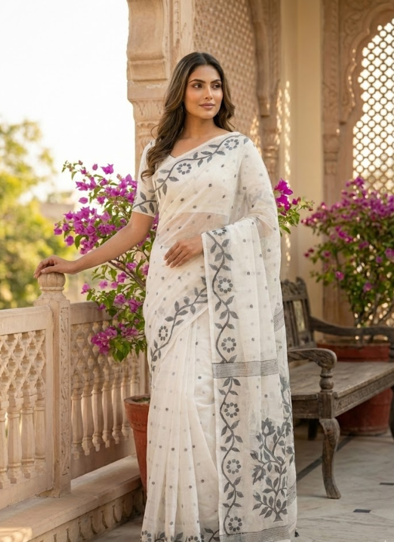 Black & White Tantuz Saree in Maslin Blend