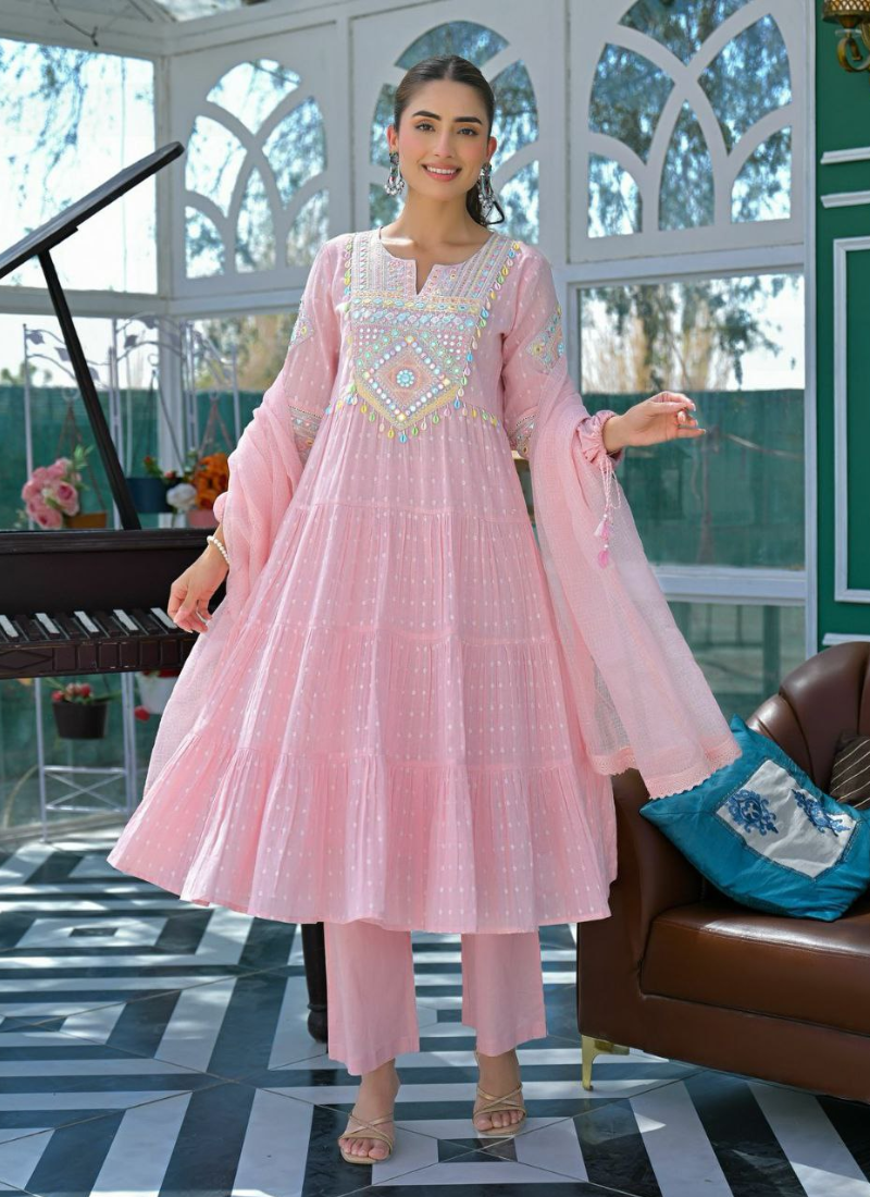 Pink Anarkali Suit in Flex Butti Cotton with Embroidery + Kota Dupatta