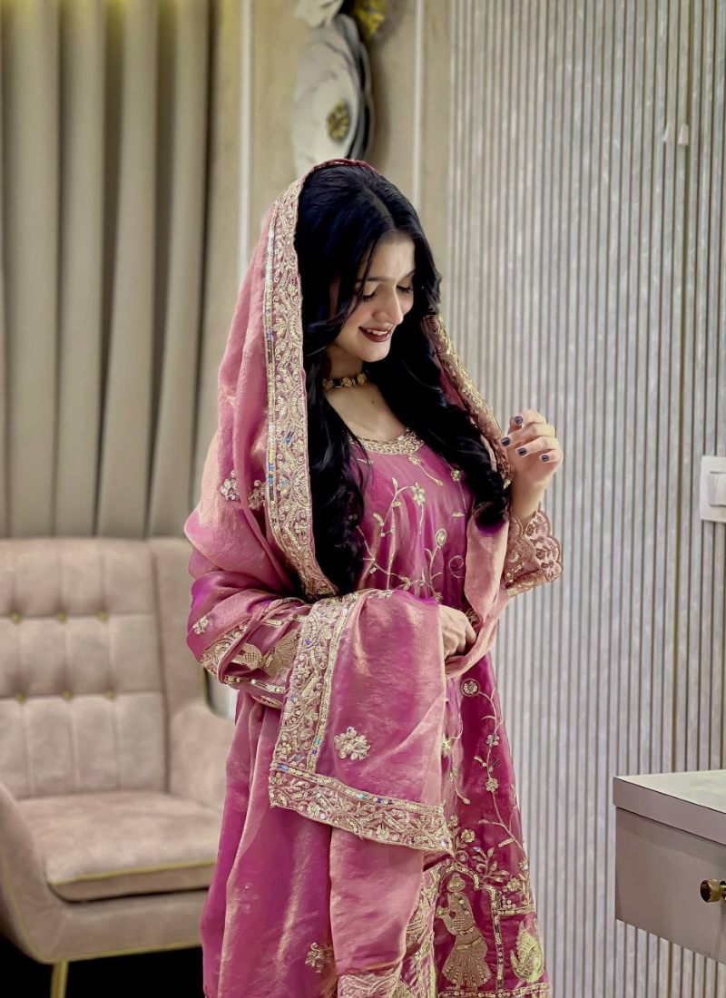 NC Moss Silk Palazzo Suit with Sequins & Zari Embroidery + Dupatta