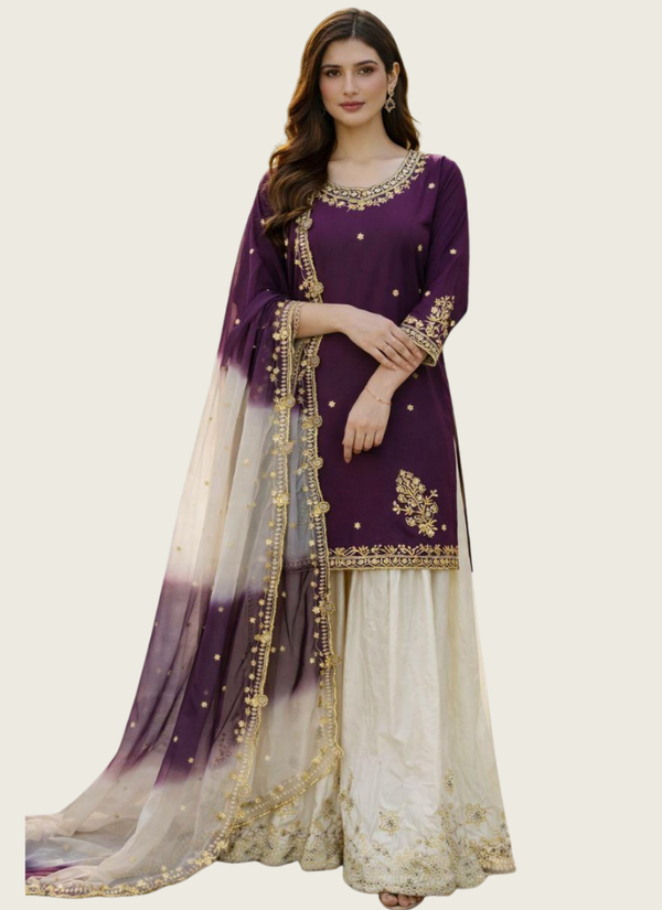 French Crepe Salwar Suit with Organza Dupatta, buy Indian sharara online Australia
