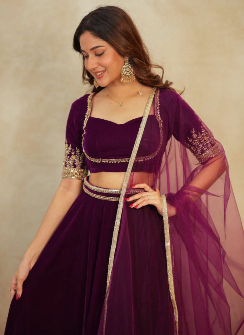 Velvet Lehenga Choli with Sequins & Dori Work + Net Dupatta