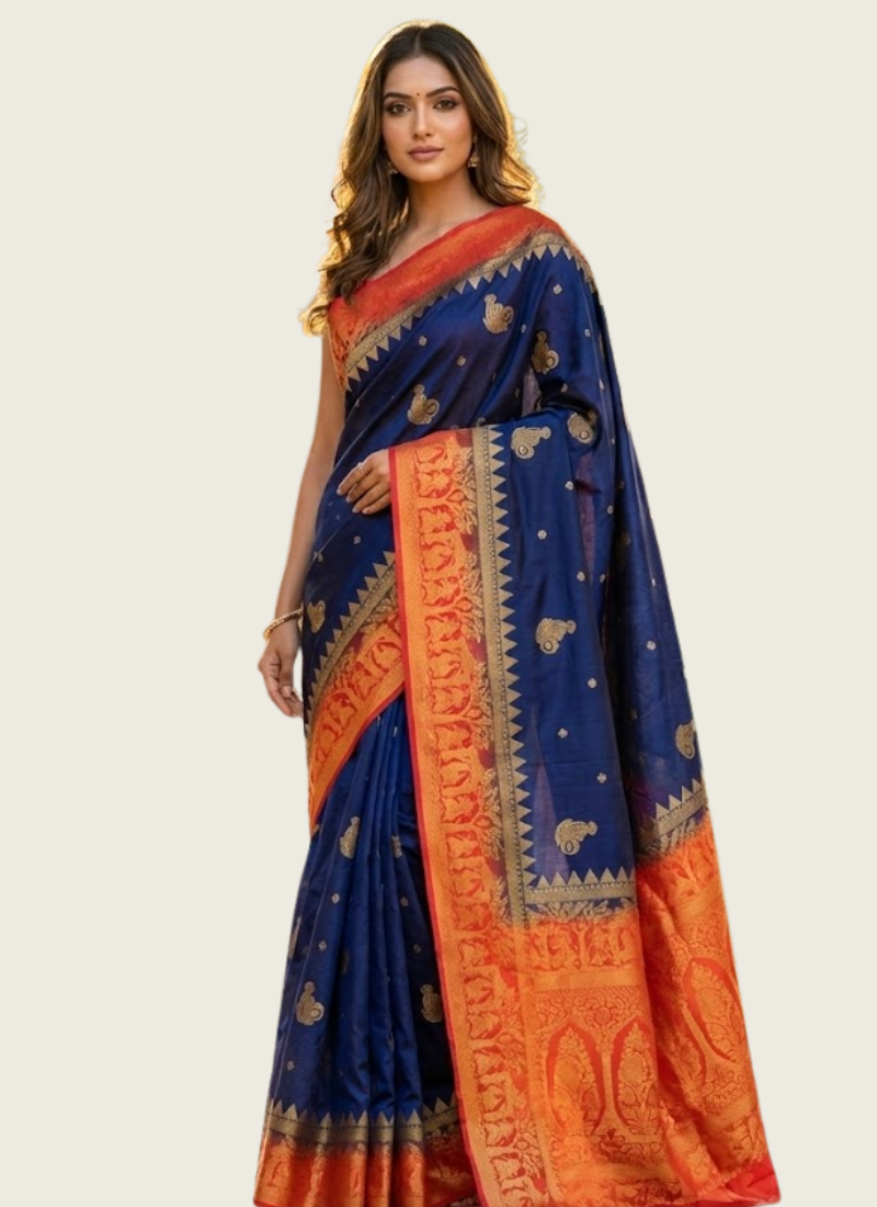 Baluchuri Silk Saree – Navy Blue & Red Border With blouse Piece | Online store