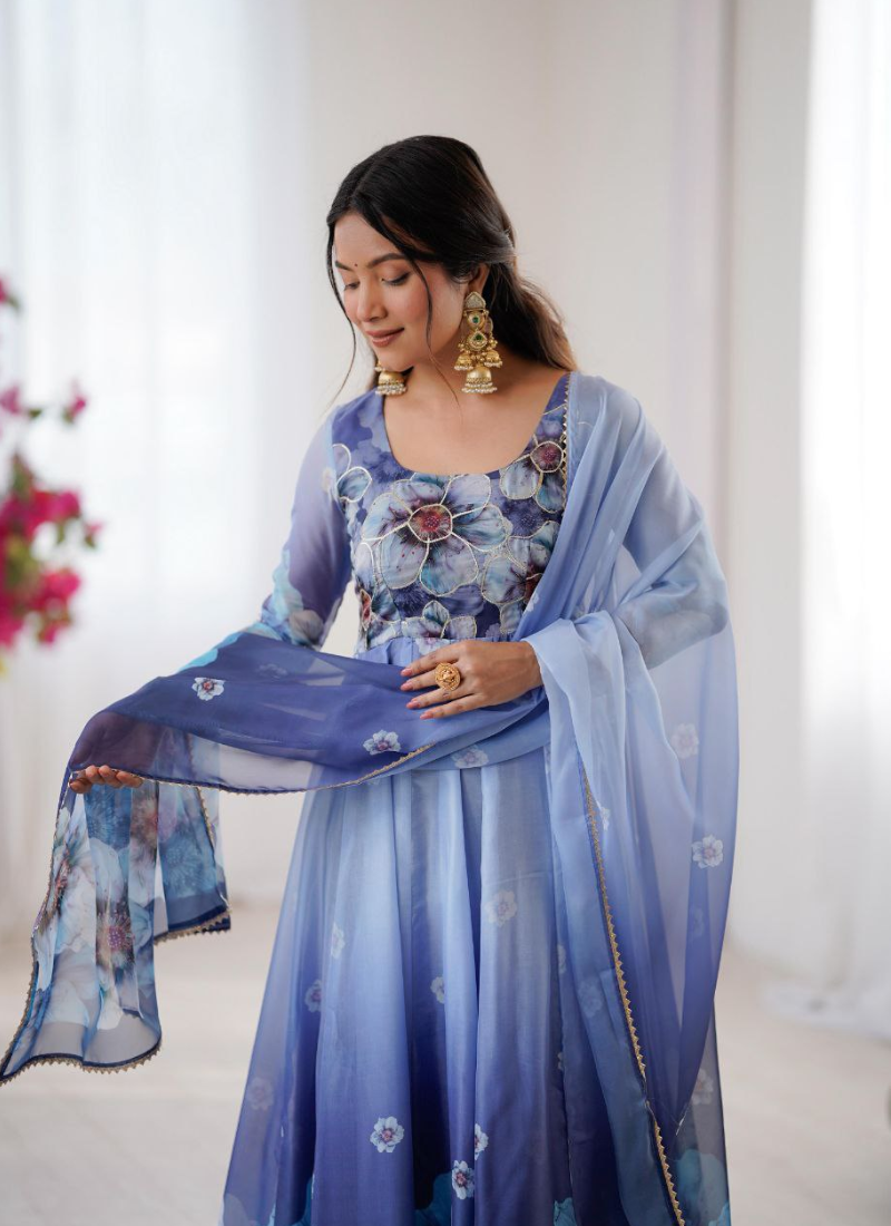Organza Silk Anarkali Dress with Digital Print & Golden Lace Dupatta