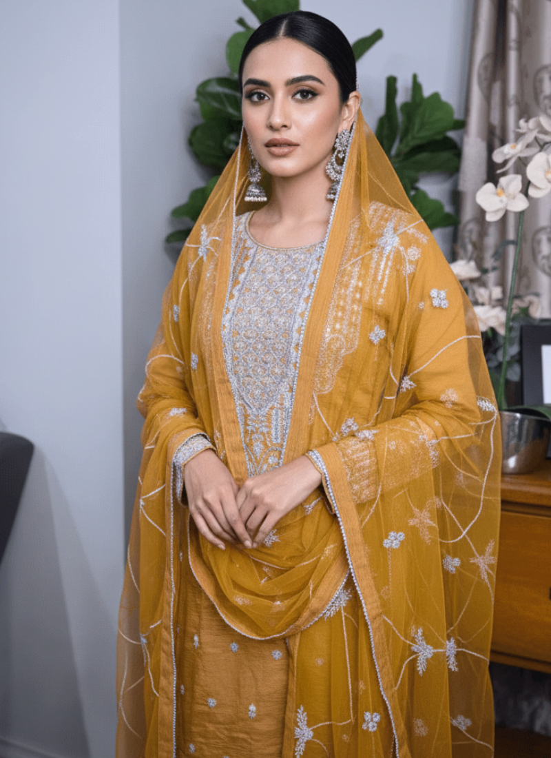 Ochre Pakistani Salwar Suit – Cotton with Silver Embroidery & Dupatta