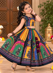 Chinon Silk Mirror Work Navratri Lehenga Set for Children Indian Girl Outfit 1