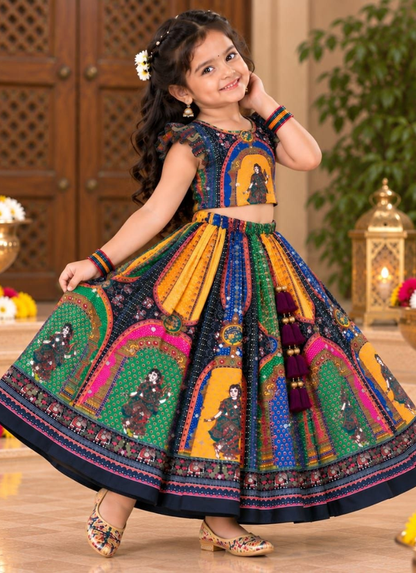Chinon Silk Mirror Work Navratri Lehenga Set for Children Indian Girl Outfit