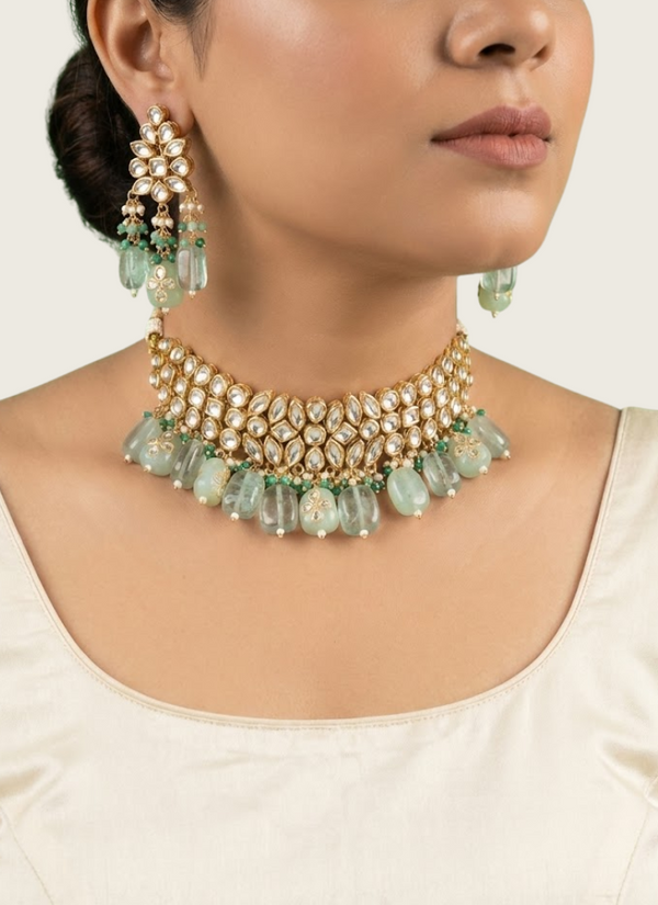 Kundan Choker Necklace Set – Light Green Beads