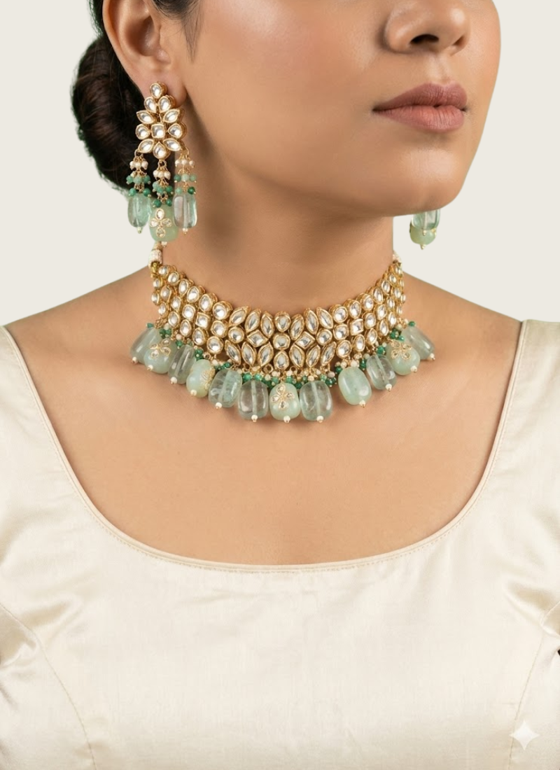 Kundan Choker Necklace Set – Light Green Beads
