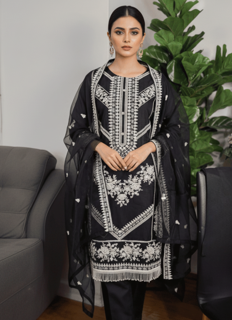 Black Pakistani Salwar Suit – Organza with Embroidery & Cotton Pajama