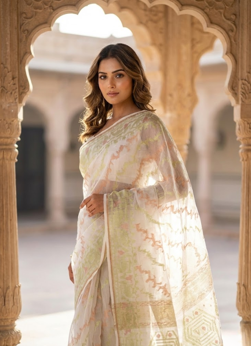 Off-White Jamdani Saree with Mari Thread Work