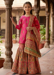 Kids Raw Silk Sharara with Block Print &amp; Mirror Work 2