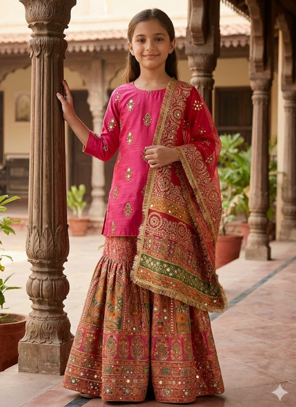 Kids Raw Silk Sharara with Block Print &amp; Mirror Work