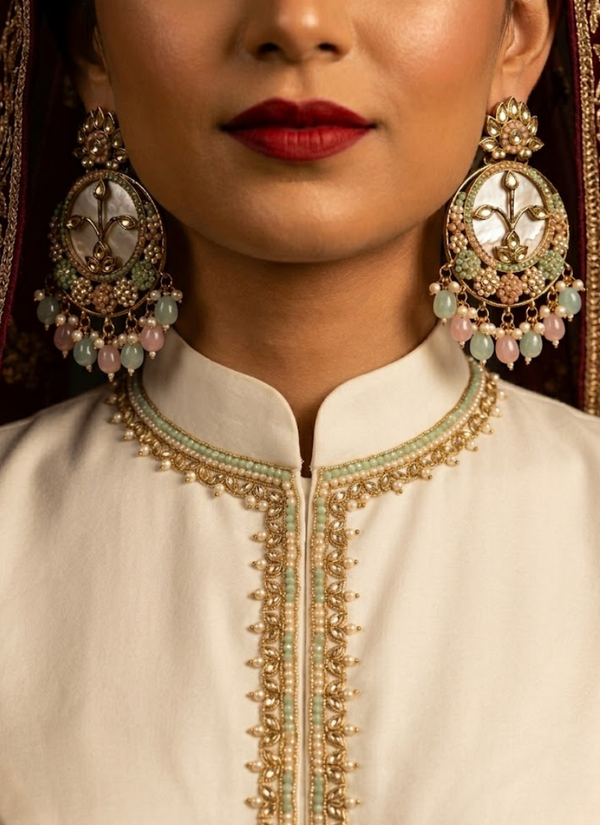 Sea Green with Baby Pink Kundan Chandbali