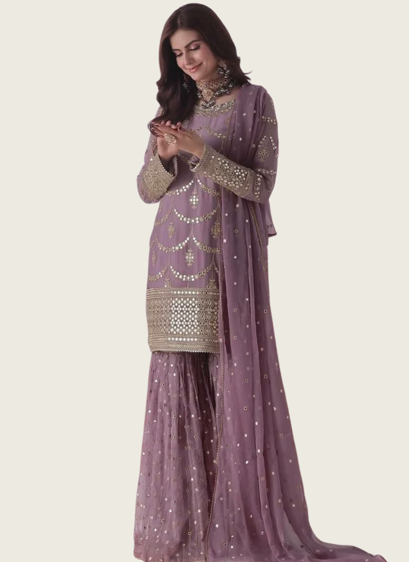 Faux Georgette Sharara Suit with Sequins Embroidery + Dupatta