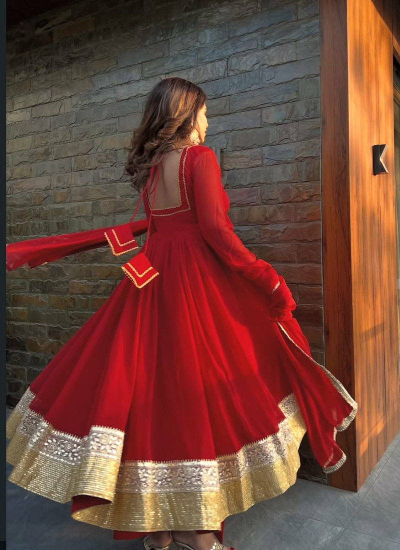 Red Anarkali Gown in Heavy Faux Blooming with Plazzo & Dupatta