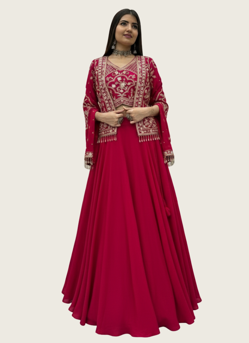 Chinon Lehenga Choli with Sequin Embroidered Jacket