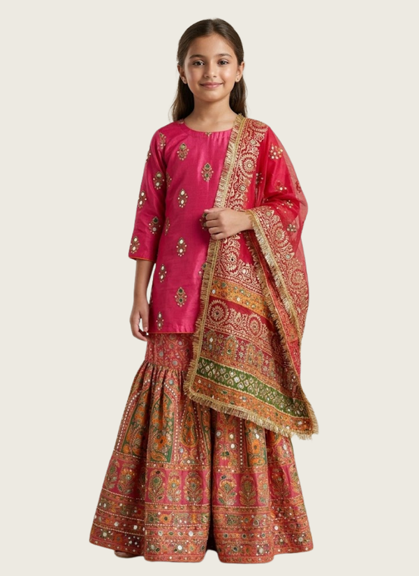Kids Raw Silk Sharara with Block Print &amp; Mirror Work, Indian dresses Perth Australia