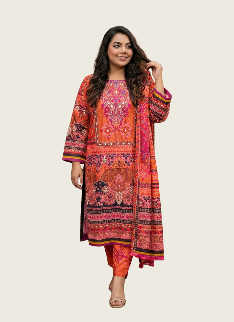 &nbsp;orange and pink chinon silk salwar suit