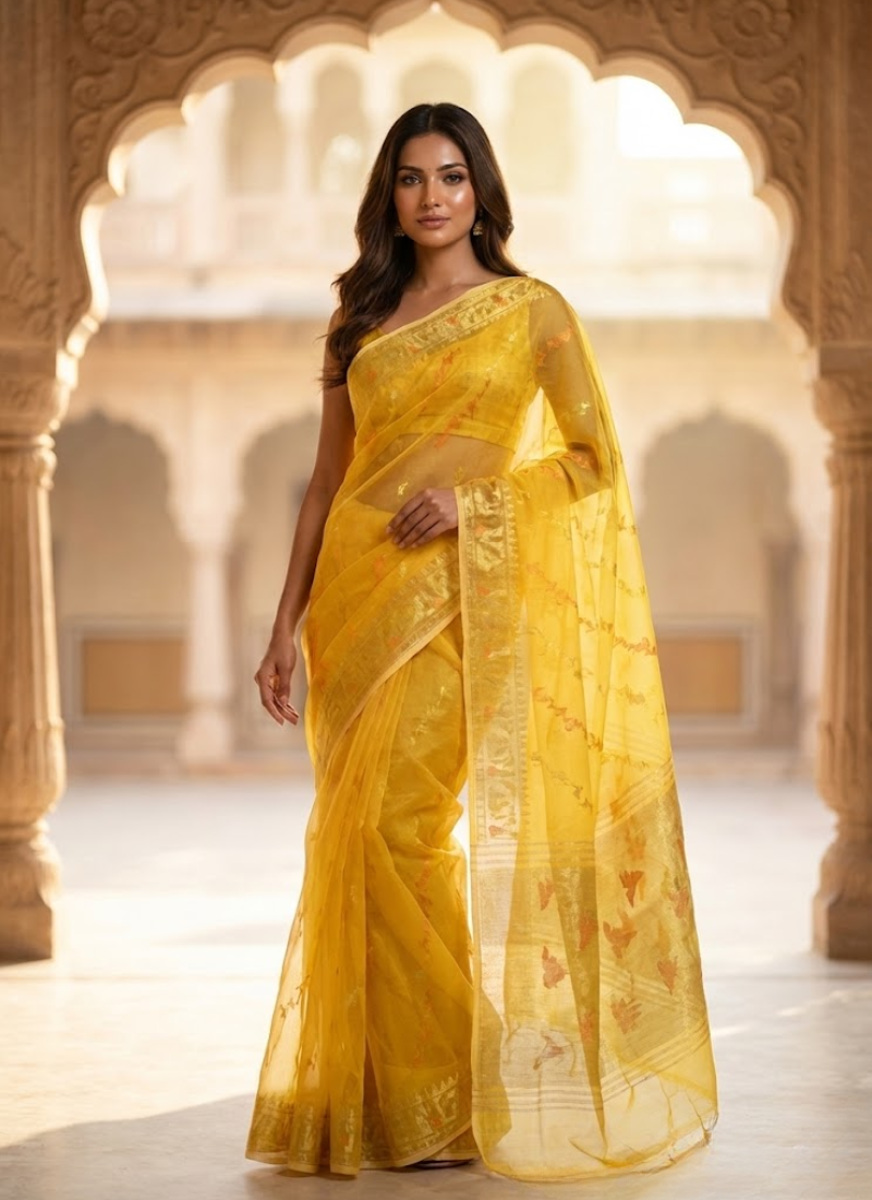Bright Yellow Jamdani Saree with Mari Thread Work